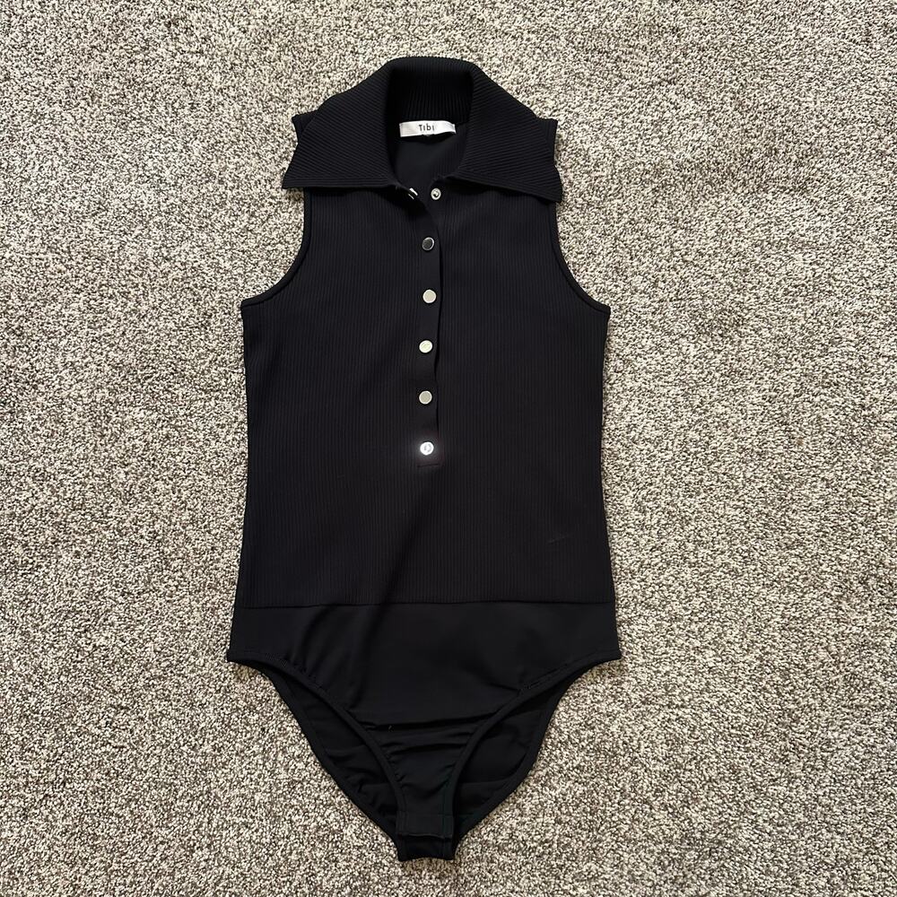 Tibi black ribbed button front sleeveless bodysuit - Picture 2 of 11